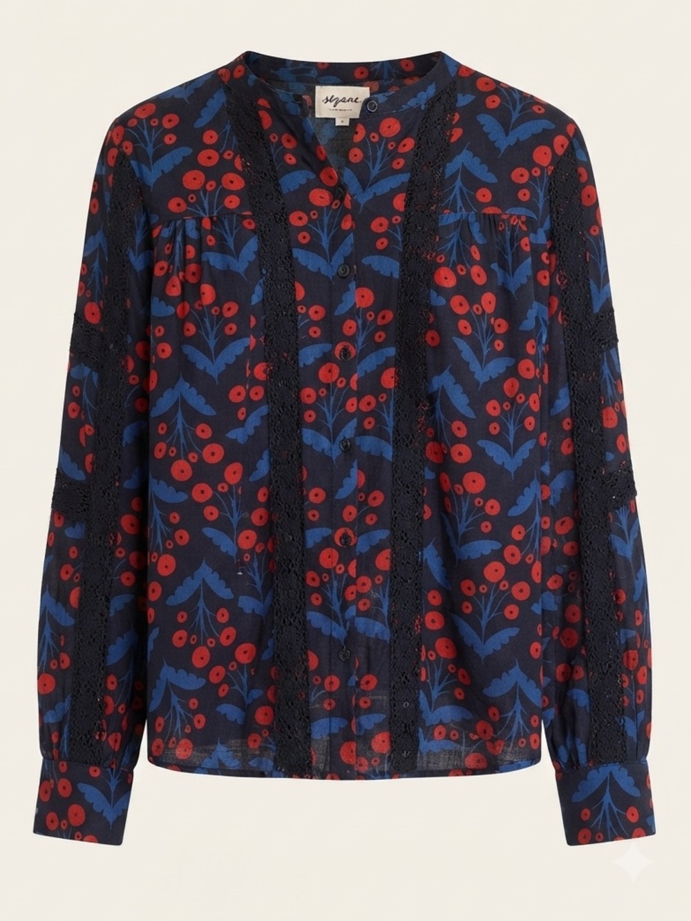 Compañia Fantastica Floral Poppy Lace Blouse Long Sleeve Button Up Top Red Blue